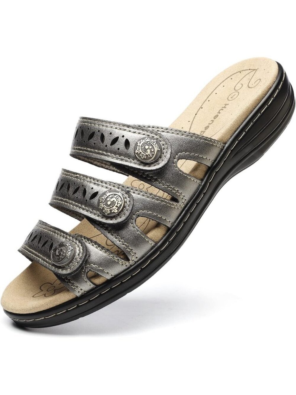 Women's Comfort Leather Slides Flat Sandals Pewter Slip On Walking Slippers